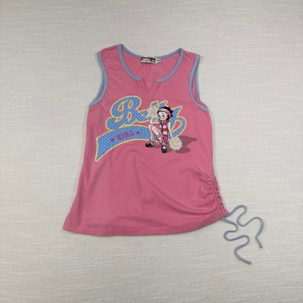 Y2K Betty Boop Cheerleader Tank Pink‎ Ruched McBling Top Womens S sporty workout